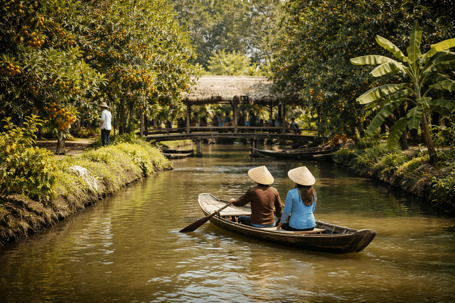 Cồn Mỹ Phước Sóc Trăng với cảnh sông nước miệt vườn xanh mát, du khách trải nghiệm đi thuyền và tham quan vườn trái cây